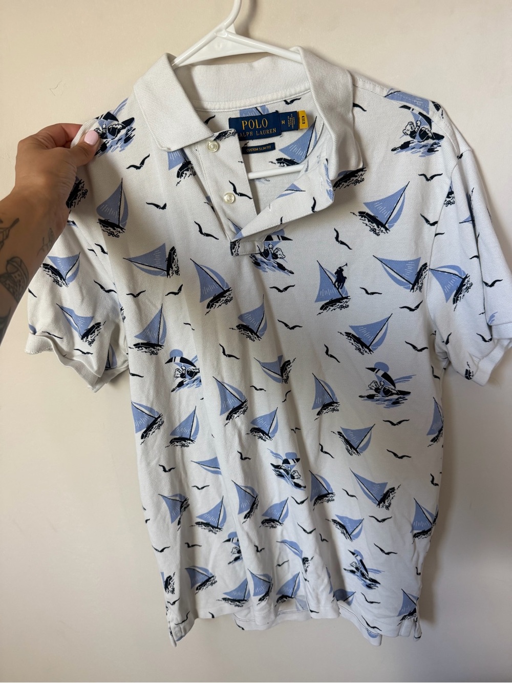 Polo by Ralph Lauren White Polo Shirt with Light Blue Sailboat Print